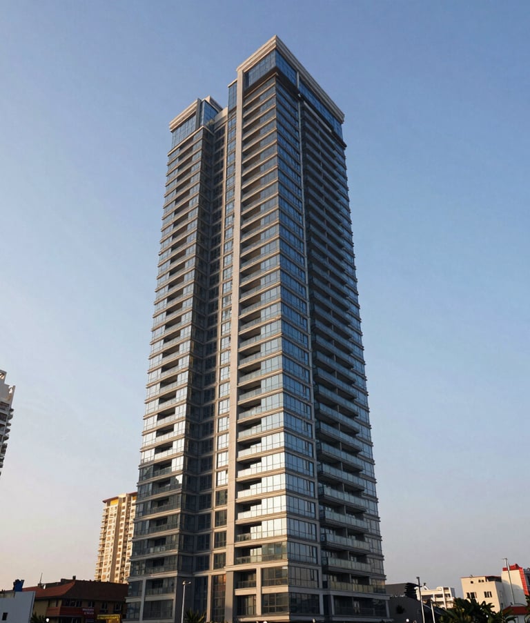 A wide-angle shot of a luxurious, modern residential high-rise building in a bustling Indian city during the golden hour. The architecture is sleek with glass balconies, reflecting a clear blue sky. The atmosphere is sophisticated and clean.