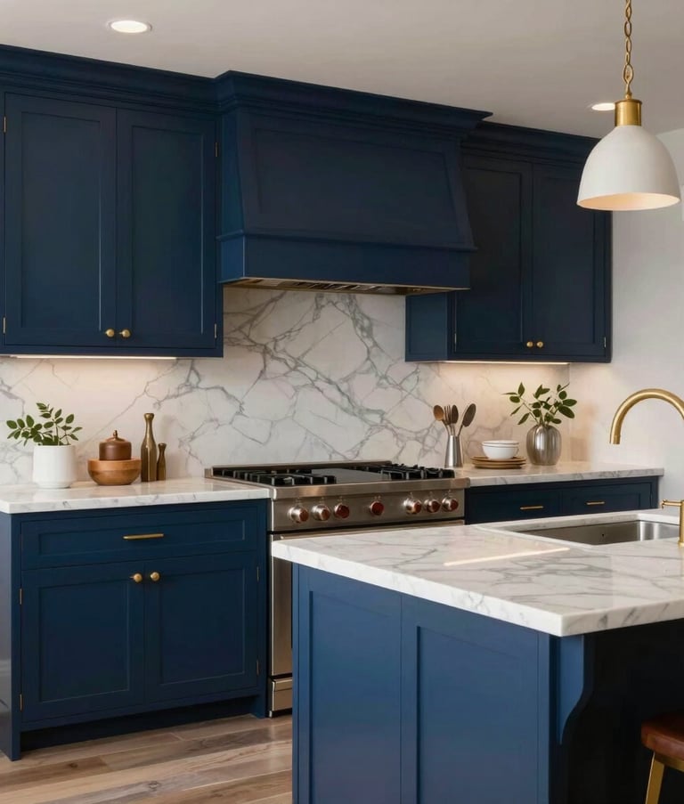 Detailed photography of a luxury kitchen renovation in a North American home, showcasing custom navy blue cabinets, white marble countertops, gold hardware, and high-end lighting fixtures.