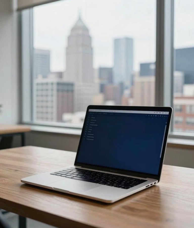 Photography of a professional workspace in a North American city, a large window overlooking a skyline, a laptop open on a wooden desk showing a midnight navy blue interface, bright natural lighting.