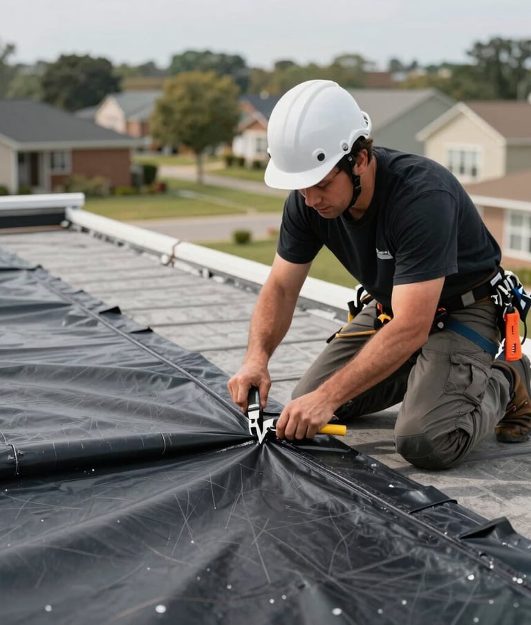 Detailed photography of a professional roofer installing a heavy-duty rubber membrane on a flat roof. Focus on the technical sealing of a seam, using industrial tools, set against a North American / US suburban backdrop.