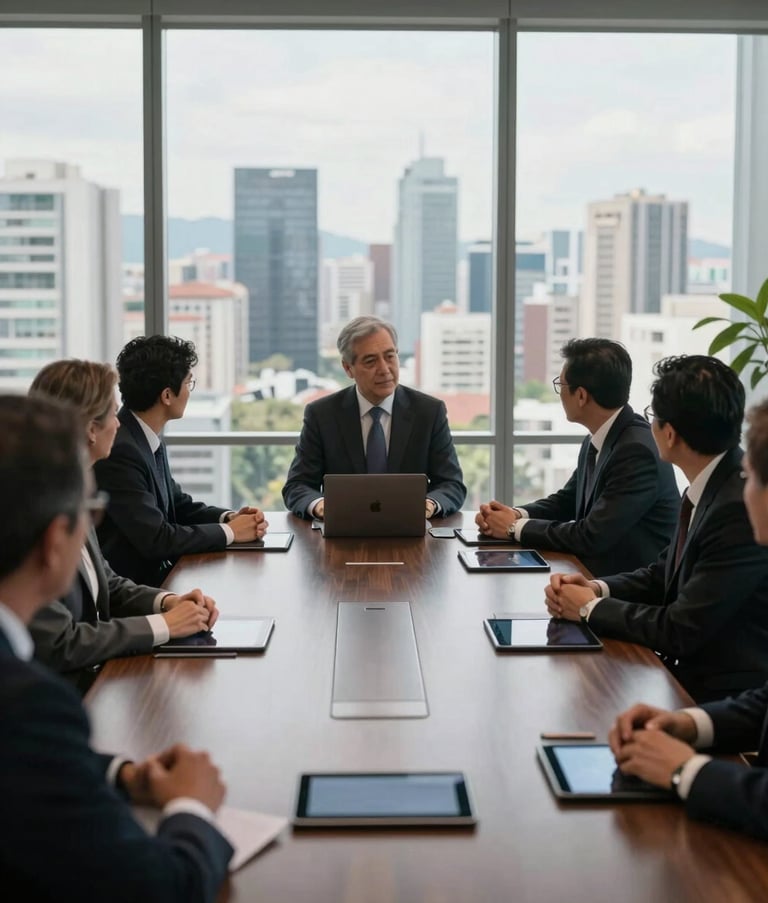 A sophisticated South American corporate boardroom with floor-to-ceiling windows overlooking a city skyline, a dark wooden table with integrated tablets, soft natural lighting, conveying technological leadership and strategic vision.