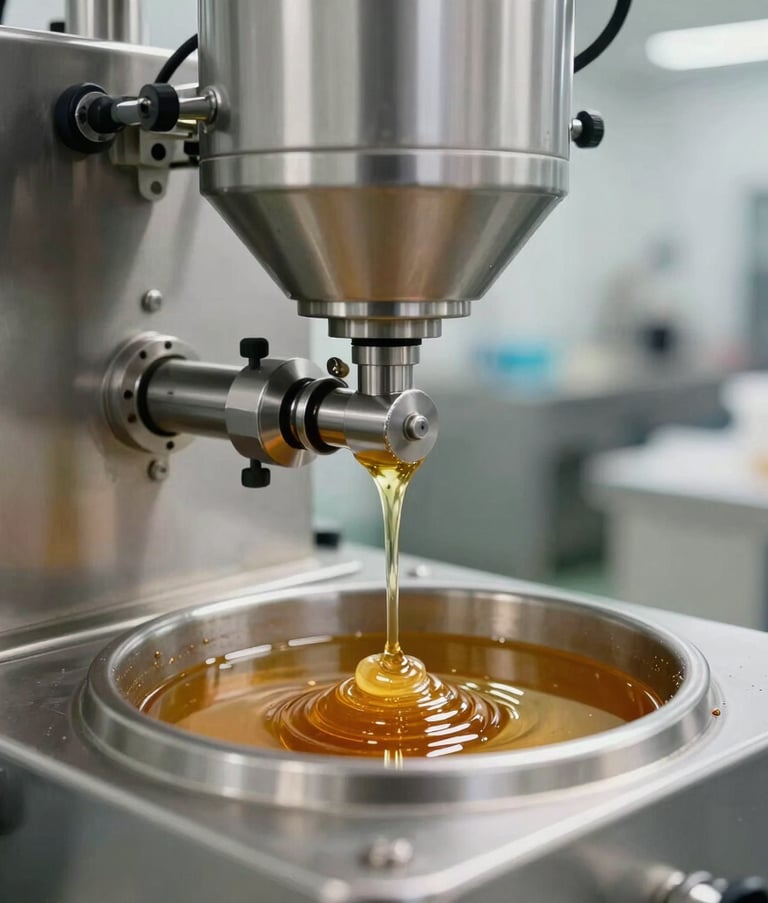 Close-up of a precise industrial process involving honey and natural oils in a sterile, modern factory, stainless steel equipment, bright lighting, representing high-quality Slovak production.