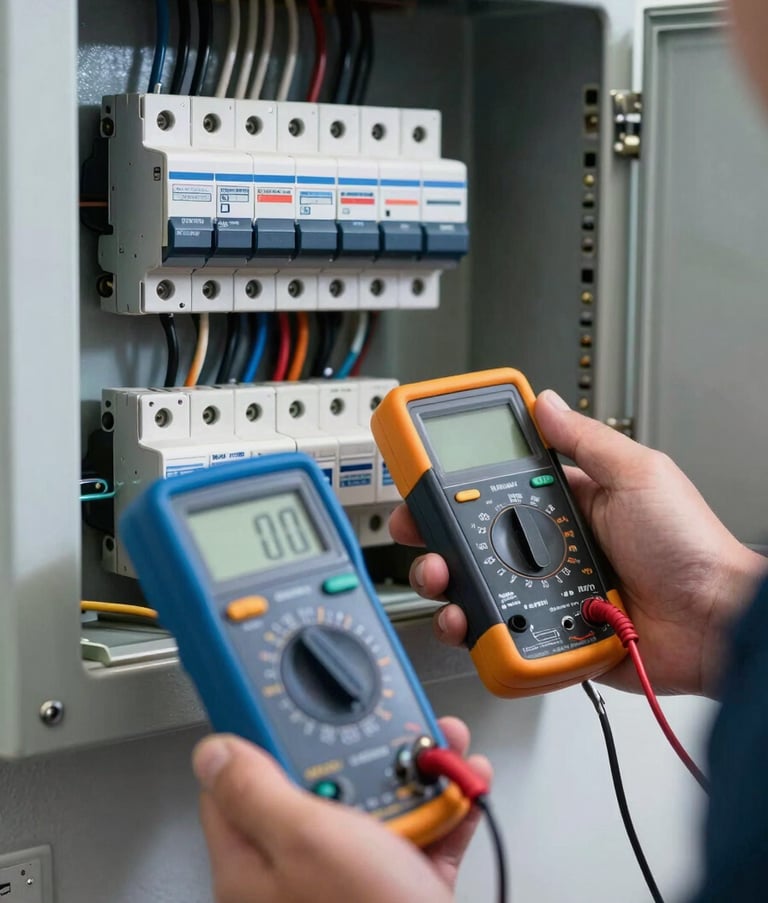 A high-resolution photography shot of a professional digital multimeter being used to test an electrical circuit breaker panel in a residential home. The scene is well-lit and conveys reliability and technical expertise. Set in the North American / US Gulf Coast region, featuring steel blue and dark blue tones.