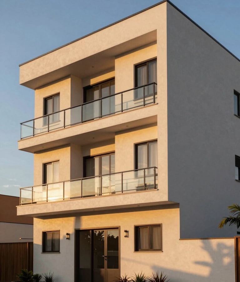 A modern residential building exterior in Sumare, South American contemporary architecture, clean lines, warm sunset lighting, professional real estate photography.