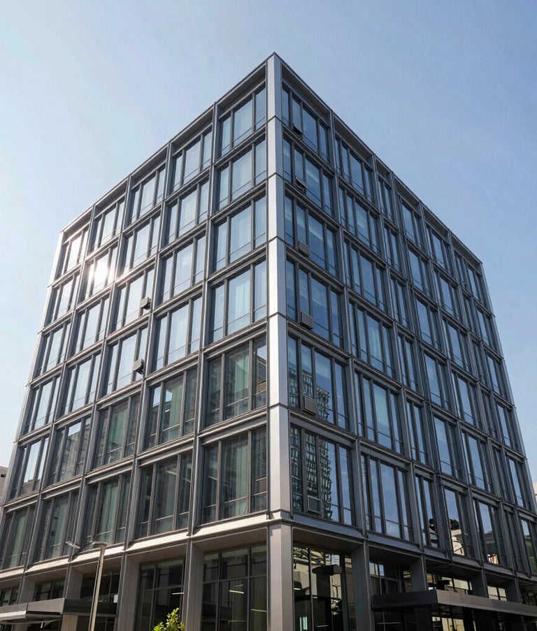 Architectural photography of a sleek, modern commercial building facade with glass and steel, located in a North American urban area. Bright, clear sky and professional atmosphere.