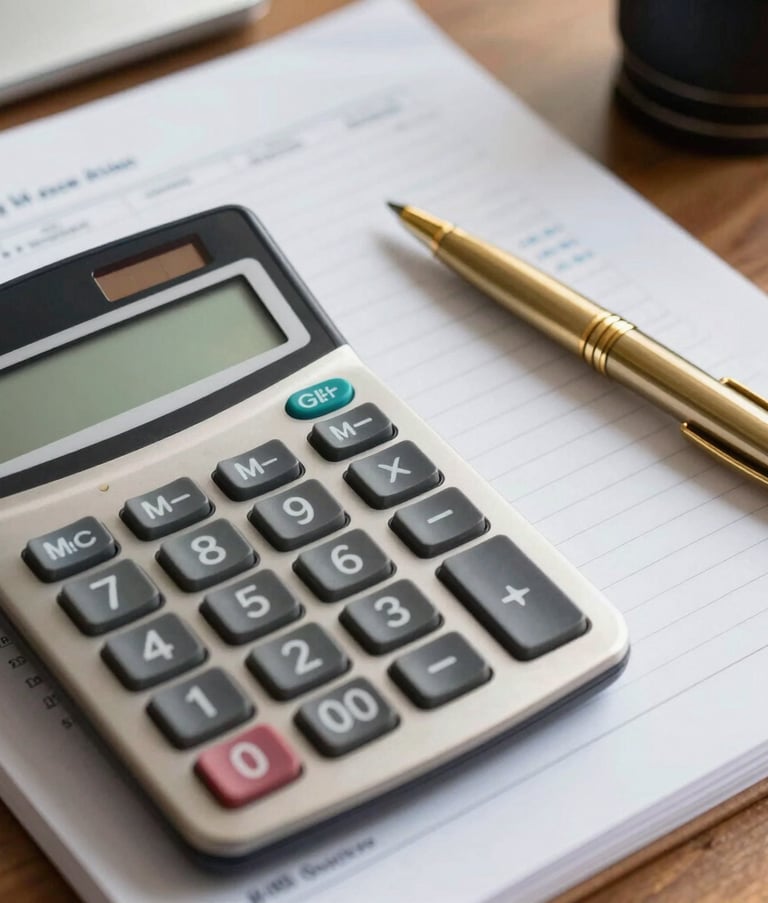A close-up photograph of a professional South American / Brazilian workspace featuring a calculator, a gold pen, and neat accounting ledgers on a wooden desk, representing financial organization and meticulous detail.