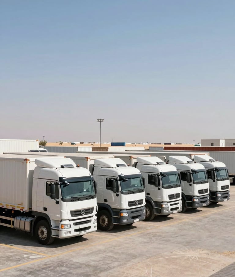 A wide-angle professional photograph of heavy-duty transport trucks and low-bed trailers parked in an orderly line at a logistics hub in the Middle Eastern / Gulf desert. Bright daylight with a clear steel blue sky.