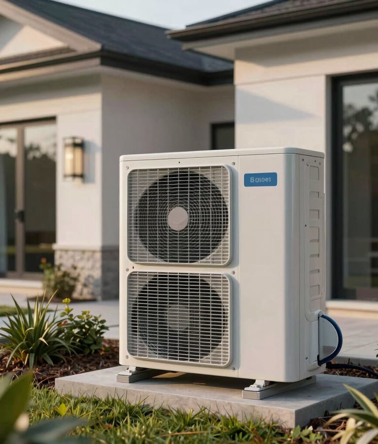 A sleek, modern outdoor air conditioning unit professionally installed next to a contemporary North American home with clean landscaping and soft morning lighting.