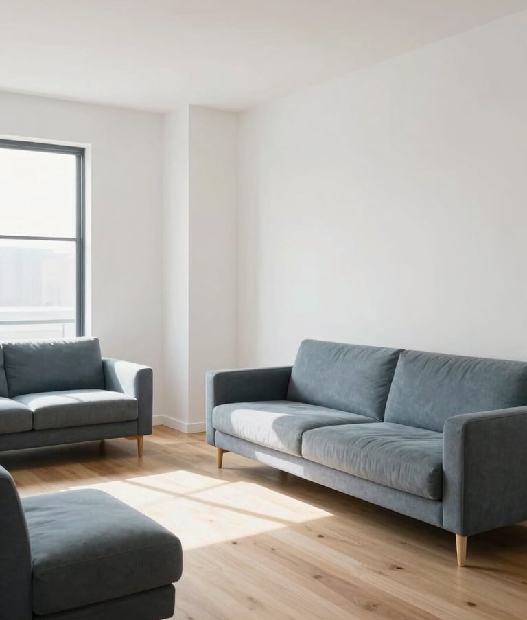 An interior shot of a minimalist and sun-drenched apartment living room in the US, featuring clean white walls, light wood flooring, and modern furniture in muted blue and grey tones, creating a calm atmosphere.