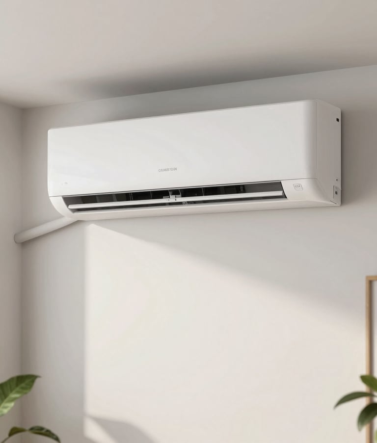 Modern South American / Brazilian residential living room with a sleek white air conditioner mounted on a minimalist wall, soft daylight, clean and airy atmosphere, high-end photography.