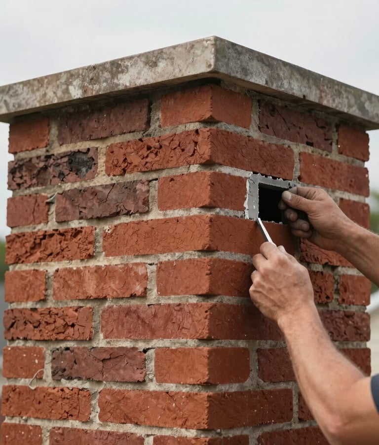 Close-up photography of expert masonry work on a chimney in a North American setting, showcasing clean red brick patterns and precise mortar lines, soft daylight lighting.