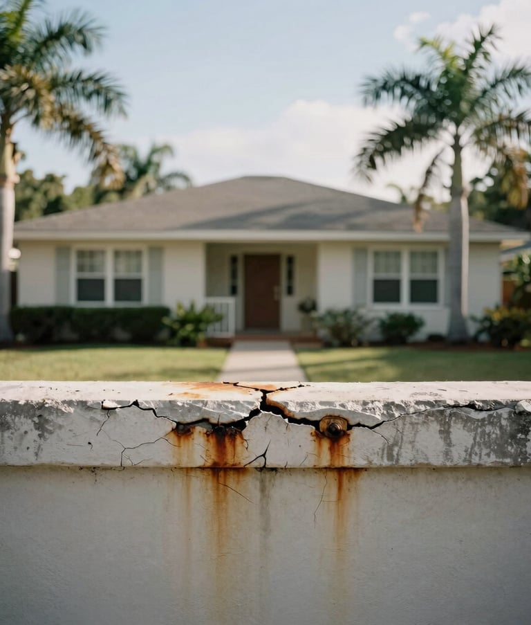 A view of a classic North American Florida home from the late 80s showing cracked cement window sills with visible rust stains, palm trees in the background, daytime exterior photography.