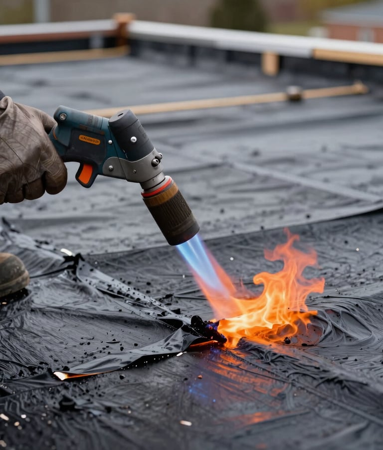 Close-up photography of a professional roofing torch flame being applied to a modified bitumen membrane on a flat roof. Action shot with glowing orange heat and blue flames, high-quality roofing equipment, North American construction site.