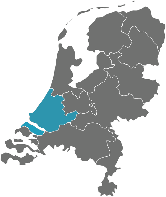 Kaart van Nederland met focus op Zuid-Holland als werkgebied van OLI Installatiebedrijf i