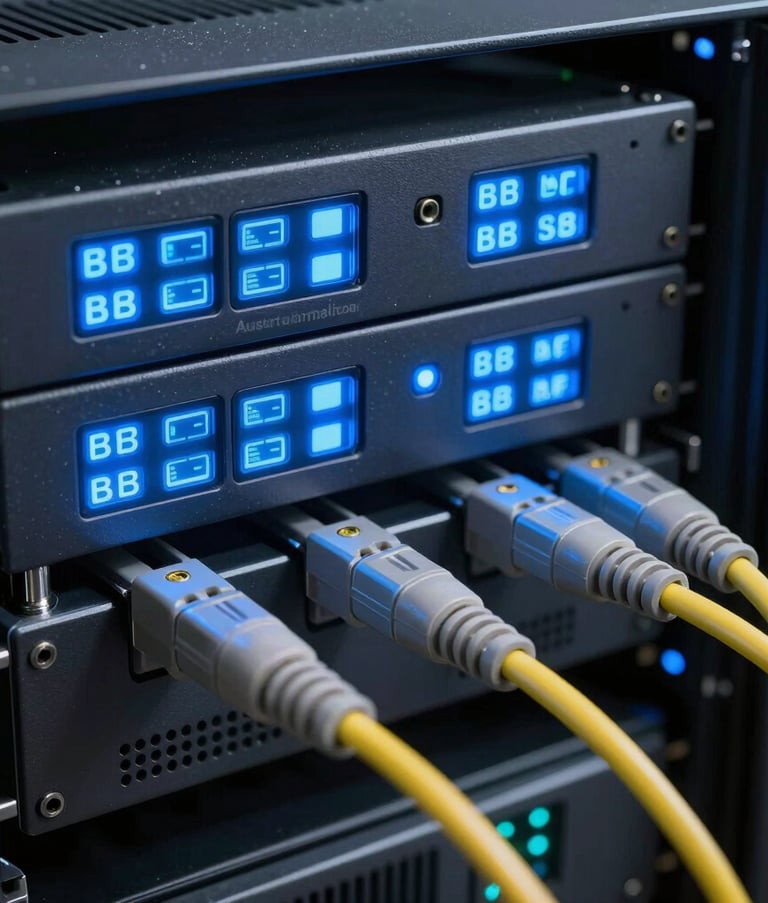 A close-up photograph of high-speed fiber optic cables and server indicators glowing in modern blue. The composition is sleek and technical, representing high-tier infrastructure and reliability. Professional photography style in an Australian data center.