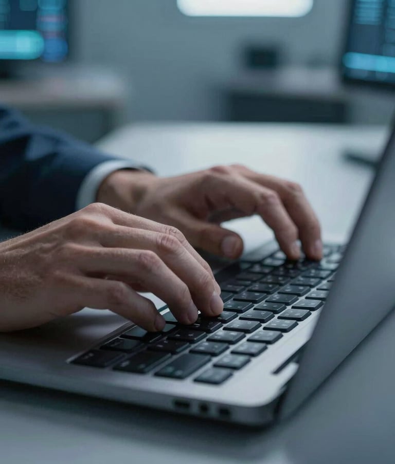 A close-up photograph of professional hands working on a high-tech keyboard in a modern, tech-focused environment. The lighting is cool and professional, featuring muted blue and dark navy tones characteristic of a high-security technical hub. The setting is a clean, contemporary office in Northern Europe.