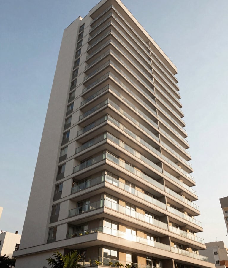 Exterior wide shot of a modern Brazilian residential building with elegant architectural lines, set against a clear sky, clean and bright, reflecting a premium lifestyle.