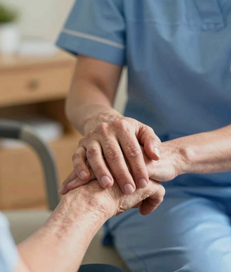A close-up photograph of a compassionate moment in a UK / British care facility, showing a nurse's hand gently resting on an elderly patient's hand. The nurse wears a professional soft blue tunic. The lighting is warm and reassuring.
