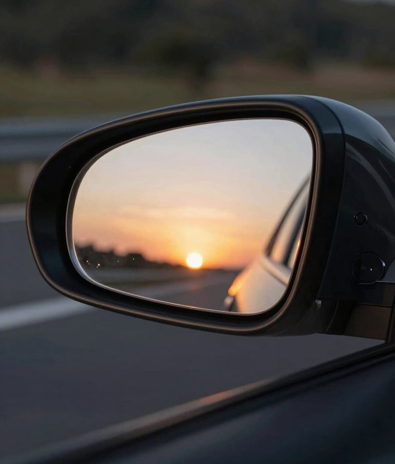 Close de alta qualidade de um painel de carro moderno e tecnológico, com o reflexo do pôr do sol brasileiro no para-brisa, simbolizando conectividade e o futuro do setor automotivo.