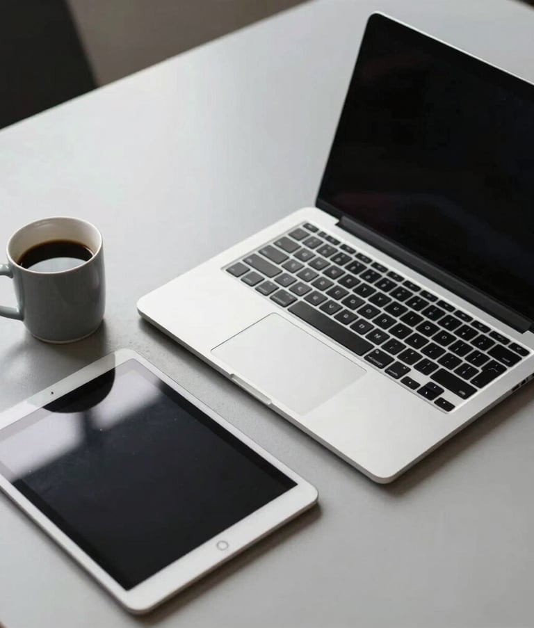 Professional high-angle shot of a minimalist workspace with a sleek laptop, a tablet, and a coffee cup on a light gray desk, soft natural lighting, Global / International corporate style.