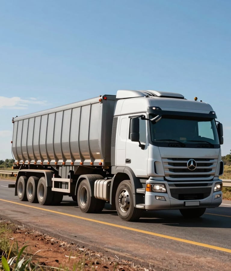 A wide-angle landscape shot of a modern heavy-duty cargo truck driving on a well-maintained highway through the Brazilian countryside. Clear blue sky, bright daylight, professional commercial photography style conveying reliability and movement.