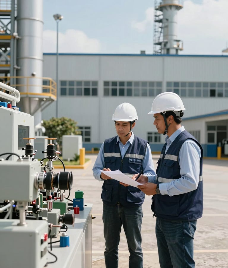 A wide photography shot of a modern industrial facility in Latin America. A professional auditor in a white helmet and corporate navy blue vest is inspecting technical processes with a supervisor. Clean, organized, bright natural daylight, corporate aesthetic.