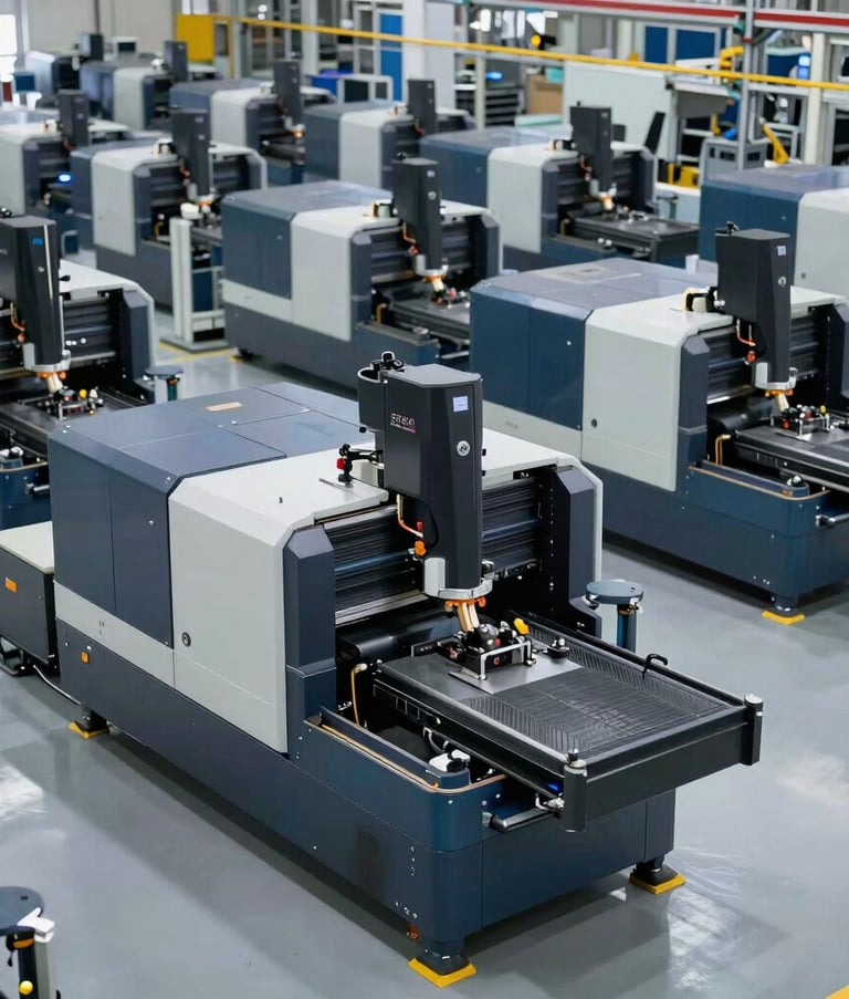 A wide-angle photography of a modern automated factory floor in Spain, rows of CNC machines in Grayish Blue and Black, professional bright workspace, high-tech engineering atmosphere.