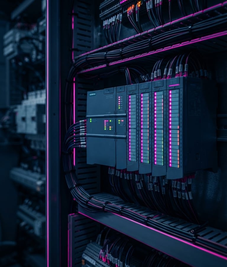 Macro shot of a clean, modern electrical cabinet, neatly wired PLCs with glowing status LEDs, sharp neon fuchsia rim lighting, deep midnight blue tones, high-tech industrial engineering, 35mm.