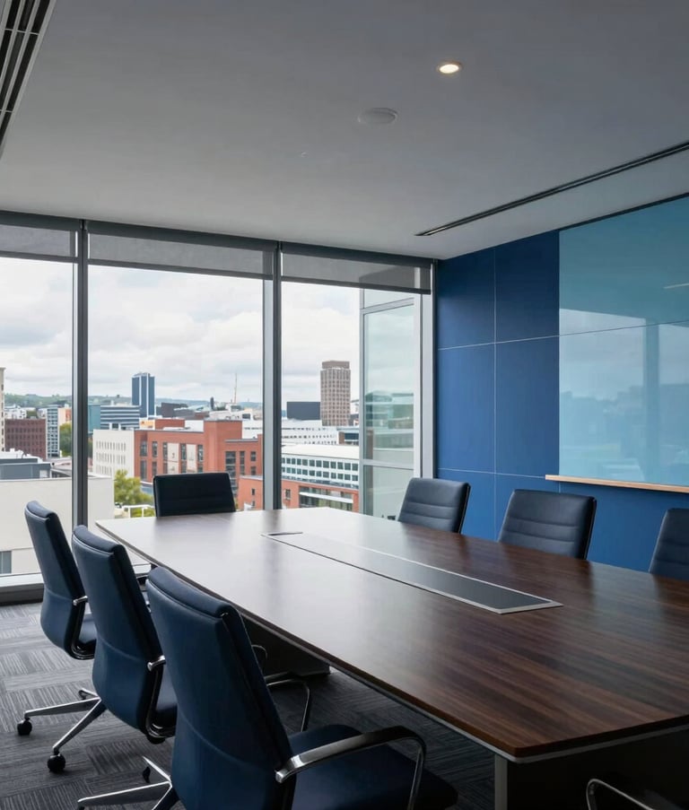 A wide-angle professional photograph of a contemporary British corporate boardroom with glass walls and views of the Bristol cityscape. The room is styled with deep blue and light blue accents, conveying modern expertise. British / UK.