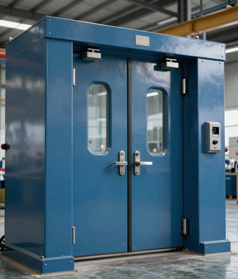 A close-up high-quality photograph of a sophisticated industrial door installation in a modern logistics center. The lighting is clean and professional, highlighting steel blue and metallic textures in an international global setting.