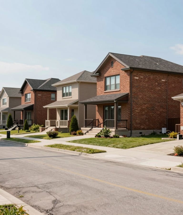 Photography of a clean, residential street in an Ontario, Canada neighborhood. Modern brick homes with well-kept gardens under a bright, clear sky. The composition emphasizes stability and a welcoming atmosphere, with professional architectural lighting.