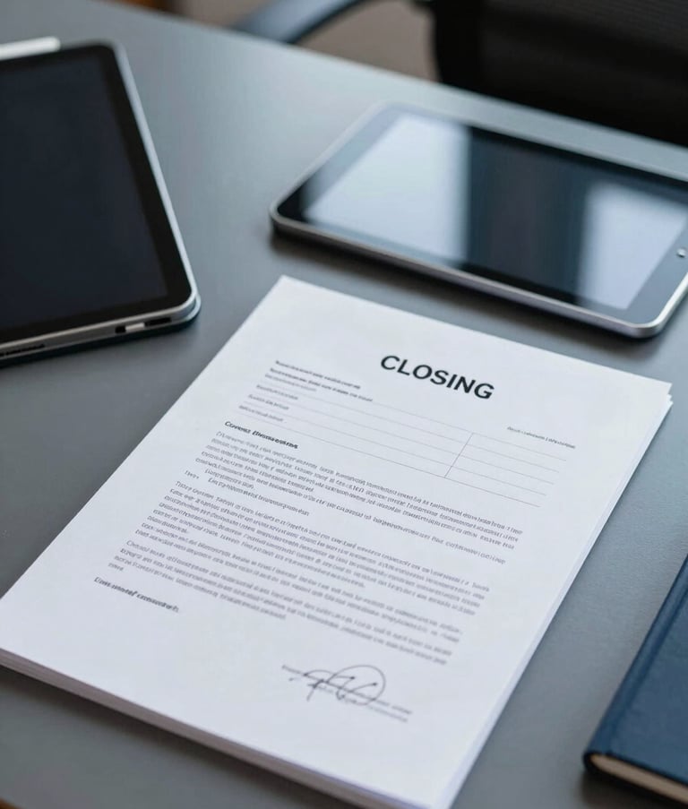 A professional desk setting in a modern US office with a focus on real estate closing documents and a digital tablet. The color palette features steel blue and dark navy accents. The composition is clean and organized, emphasizing efficiency and high-quality administrative support.