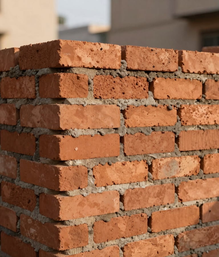 A close-up photograph showcasing high-quality masonry work in a South Asian urban environment. The image features perfectly aligned clay bricks and clean mortar lines under the warm glow of the afternoon sun, representing durability and skill.