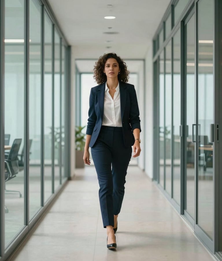 A confident professional walking through a modern glass-walled office corridor in Brazil. The lighting is crisp and forward-thinking. The composition is clean and focused, capturing a sense of empowerment. Muted teal and off-white tones are prominent.
