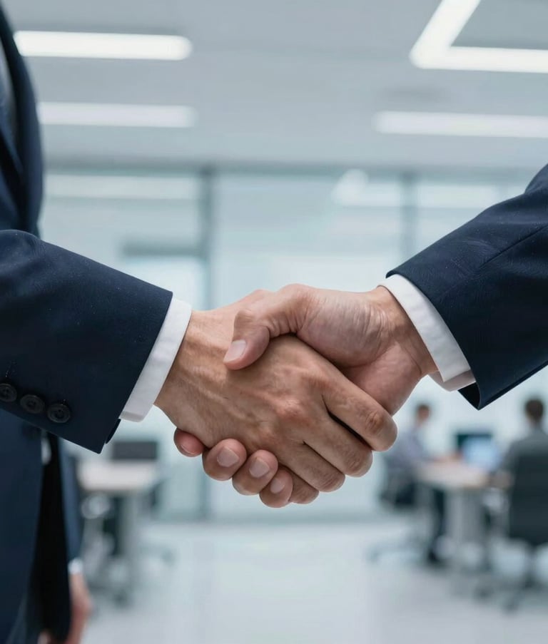 A focused close-up of a professional handshake in a modern office, featuring business attire in dark blue and steel blue, in a Central European corporate setting with ice blue ambient lighting.