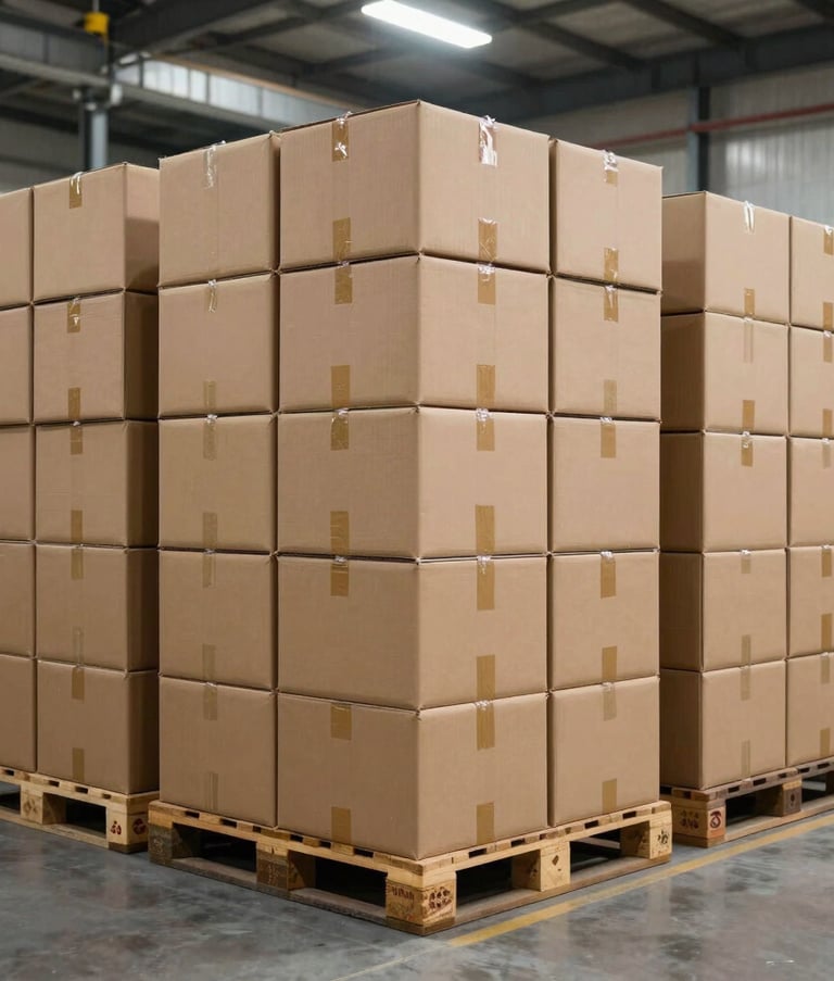 Wide shot of a premium industrial packaging facility in the Middle Eastern Gulf region. Large stacks of high-quality corrugated cardboard boxes are organized neatly on pallets, illuminated by professional industrial lighting.