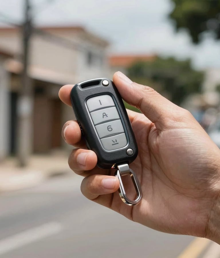Close-up photography of a person's hand holding a modern car key fob with buttons, with a blurred residential street background in Guarulhos, Brazil, in bright daylight.