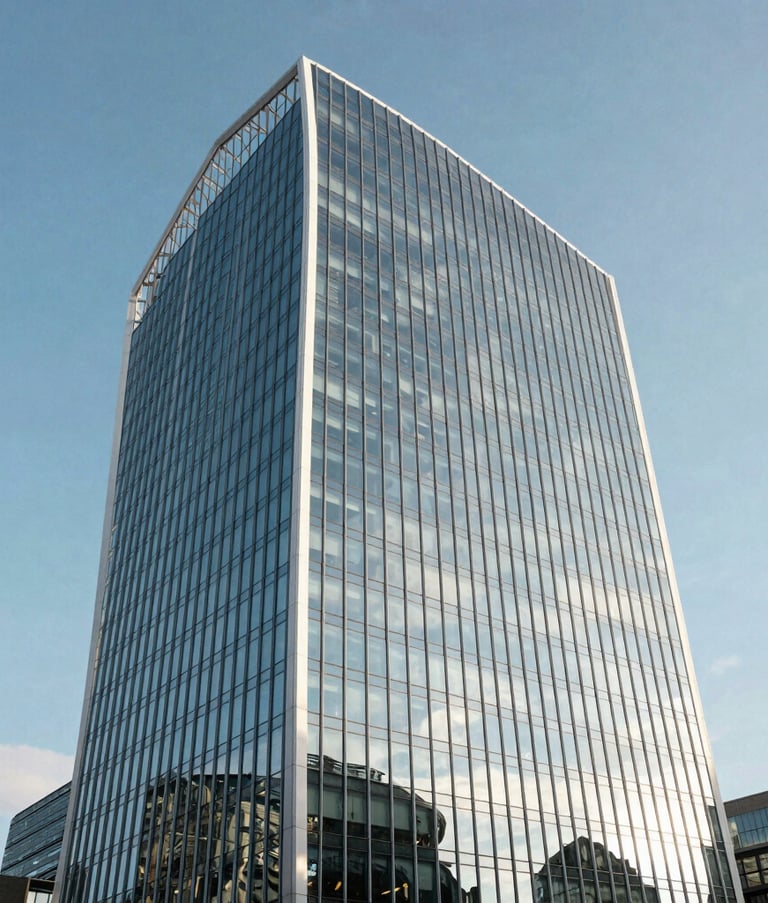 A sophisticated, low-angle shot of a glass skyscraper in London reflecting a clear blue sky. The composition is clean and minimalist, representing global reach and professional ambition, with cool white and royal blue tones.