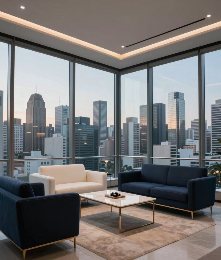A wide angle interior shot of a modern, sophisticated law office in a South American city. Floor to ceiling windows showing a metropolitan skyline at dusk, elegant furniture in deep charcoal blue and off-white pearl tones, professional and trustworthy atmosphere.