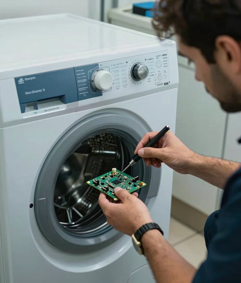 A professional repair technician's hands using precision tools to diagnose a circuit board inside a high-tech washing machine. The scene is set in a well-lit Sharjah utility room with a Middle Eastern / Gulf aesthetic. Palette involves slate blue and light blue-gray.