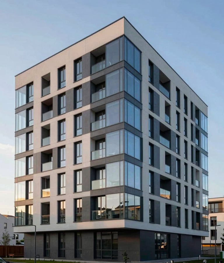 Exterior shot of a modern, clean-lined residential building in a Central European / Slovak urban setting, blue-gray glass reflections, late afternoon sun, professional architectural photography.