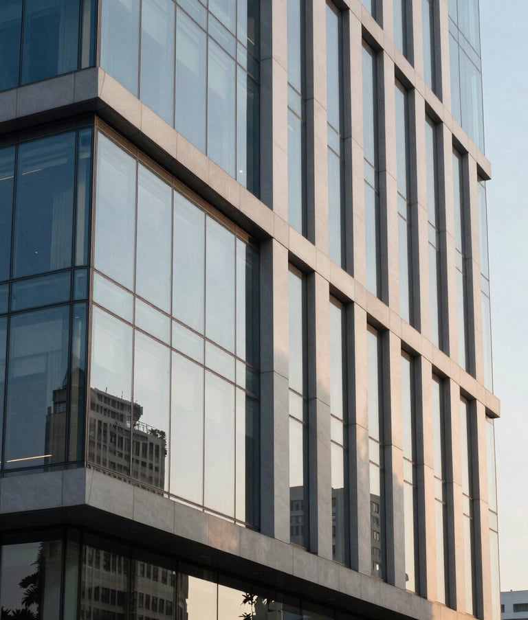 Architectural photography of a modern glass office building in New Delhi, late afternoon sunlight casting long shadows, clean slate blue and off-white tones, professional atmosphere.