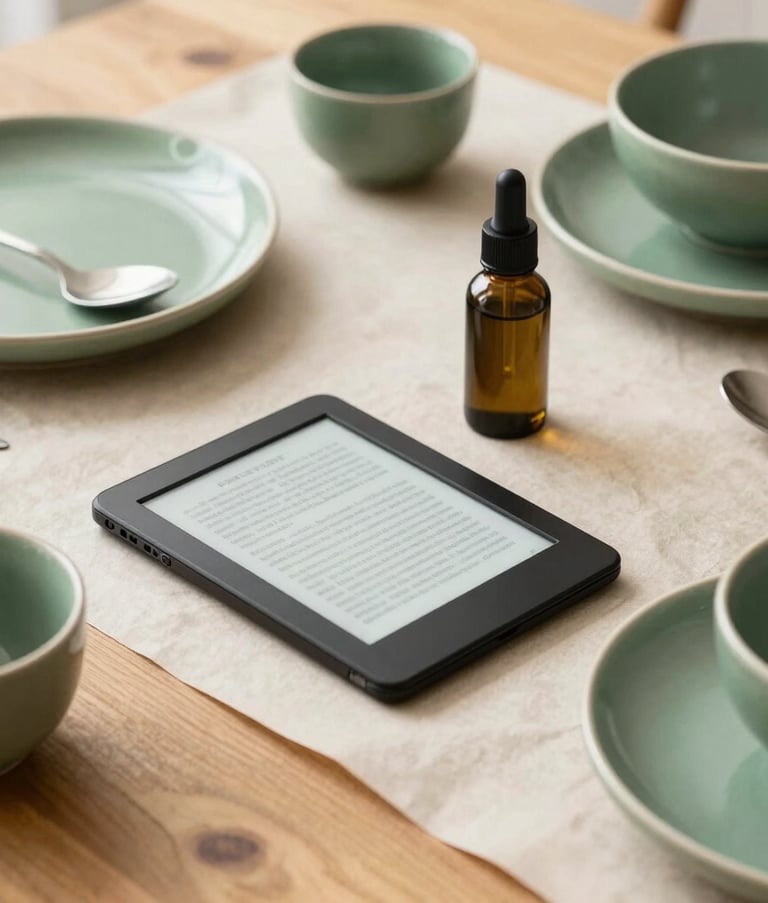 A cozy lifestyle flatlay of home wellness products, digital e-book reader, and elegant Scandinavian style dinnerware on a textured parchment colored wooden table. Soft forest green accents, bright minimalist lighting, realistic texture. Global / Brazilian and International design.