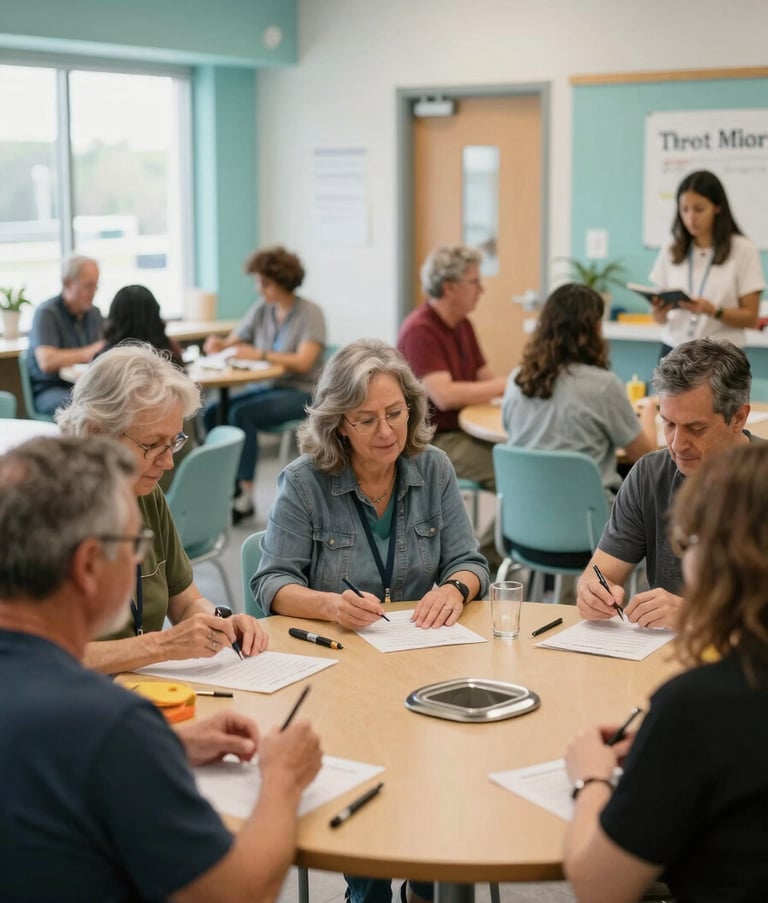 A group of adults in a North American community day program engaged in a skill-building activity. The atmosphere is supportive and vibrant, with light teal accents in the modern, accessible facility. Natural light creates an uplifting mood of independence.