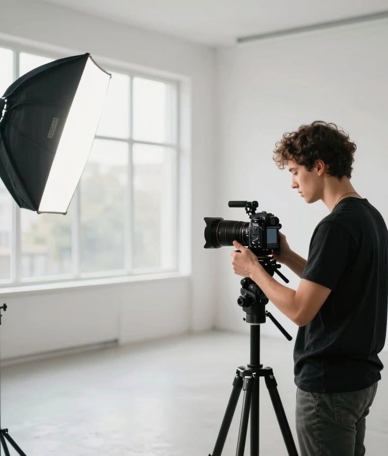 Professional photography of an influencer filming content in a bright, modern minimalist loft with large windows. High-end camera equipment and soft studio lighting are visible, Global / International style.
