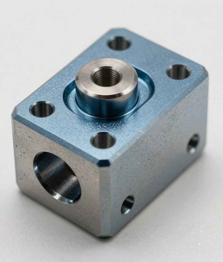 Macro photography of custom-engineered metal stamping parts. Sharp details, metallic textures, and a cool color palette of steel blue and light gray. Professional studio lighting on a neutral off-white background.