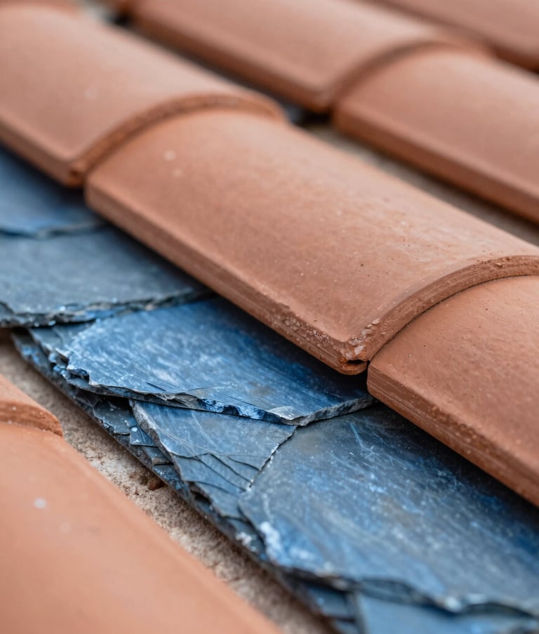 Macro shot of high-quality French terracotta roof tiles and intricate slate work, showcasing professional craftsmanship and texture. The color palette includes warm clay and cool steel blue. Natural daylight, shallow depth of field, modern architectural photography style.