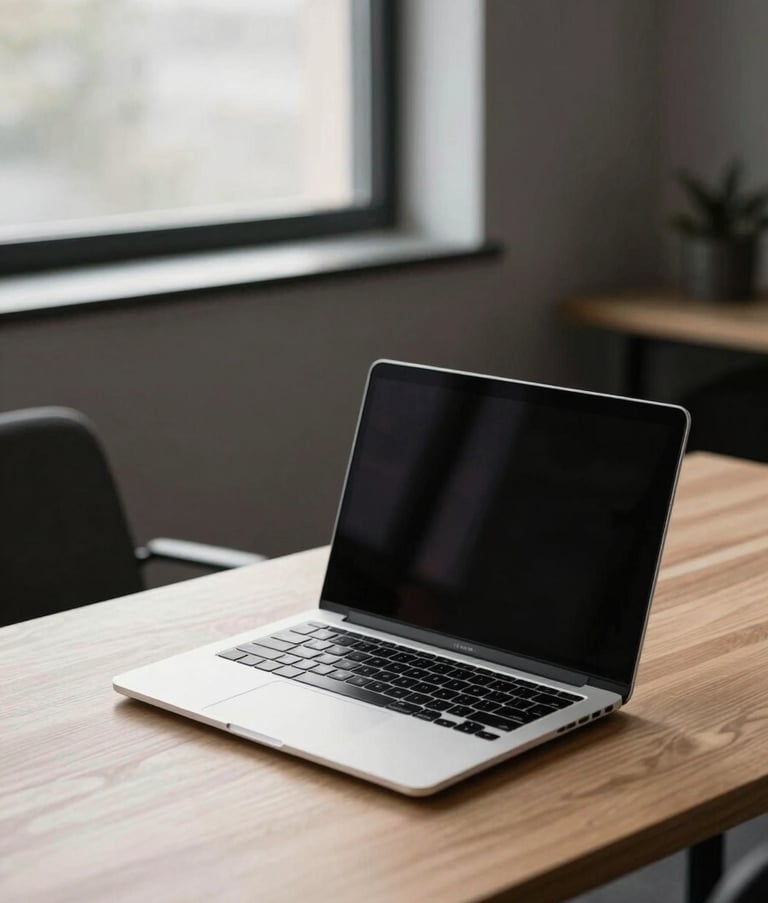 A clean, minimalist workspace featuring a silver laptop on a light wood desk in a North American office. Soft morning light enters through a large window, emphasizing a calm and focused atmosphere with deep charcoal accents.