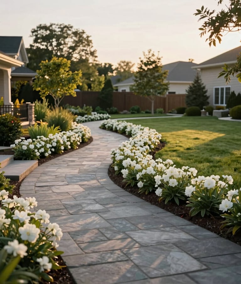 A wide-angle, serene landscape photograph of a North American residential backyard featuring natural stone pathways, meticulously groomed soft white flower beds, and lush green lawns in the golden hour light.