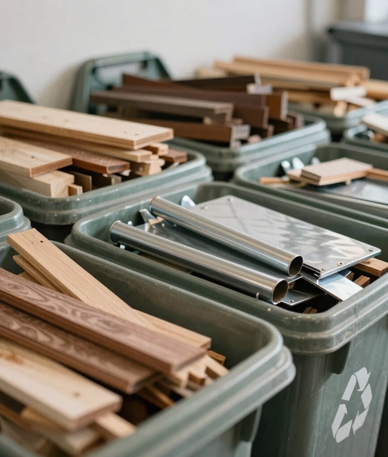Close-up photography of organized recycling bins and neatly sorted wood and metal materials in a clean storage facility, soft natural light, conveying a commitment to environmental responsibility in Île-de-France.
